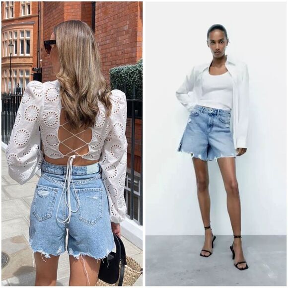 Zara RIPPED HIGH RISE DENIM SHORTS - Picture 1 of 5